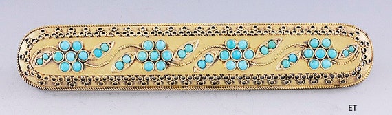 Victorian c1860s-1870s 14k Gold Turquoise Etrusca… - image 1