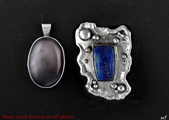 2 Sterling Silver Lapis Lazuli and Agate Pendants… - image 1