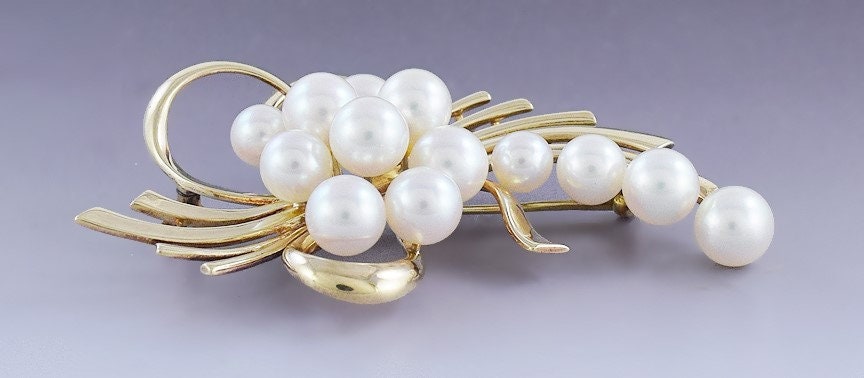 Mikimoto Cultured Pearl Floral Brooch 14k Yellow Gold Statement