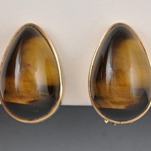 9K Yellow Gold Clip On Earrings Genuine Tiger&#39;s Eye Stone