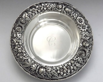 Fab Kirk Sterling Silver Hand Chased Floral Repousse Bowl C Monogram