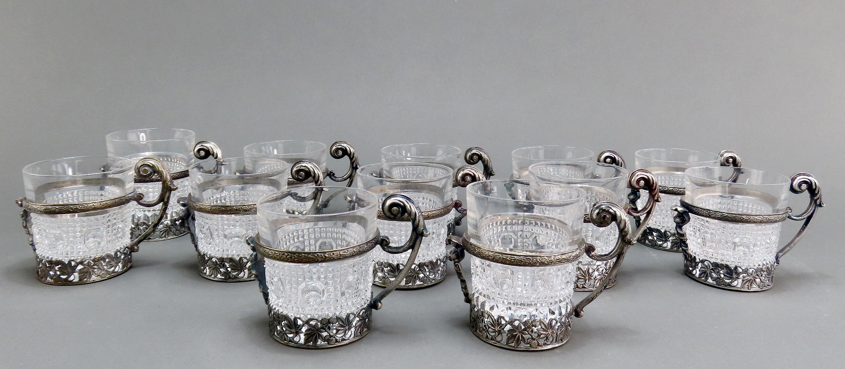Fantastic VTG Set 12 European Silver Plate Cup Holders w Glass Cups