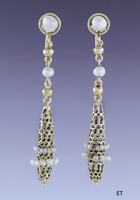 c1920s-1930s Lovely Pair 14k Gold & Pearl Honeycom