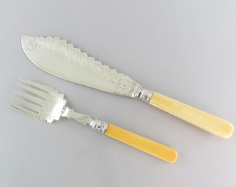 Gran juego de servir pescado de plata antigua de 1894 con tenedor y cuchillo
