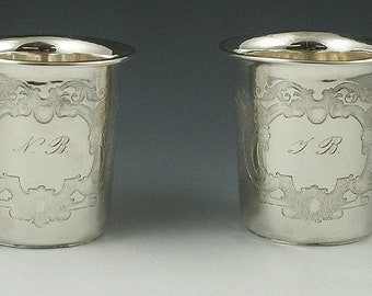 Antique c1867 Pair Austro-Hungarian Silver Engraved Beaker Cups