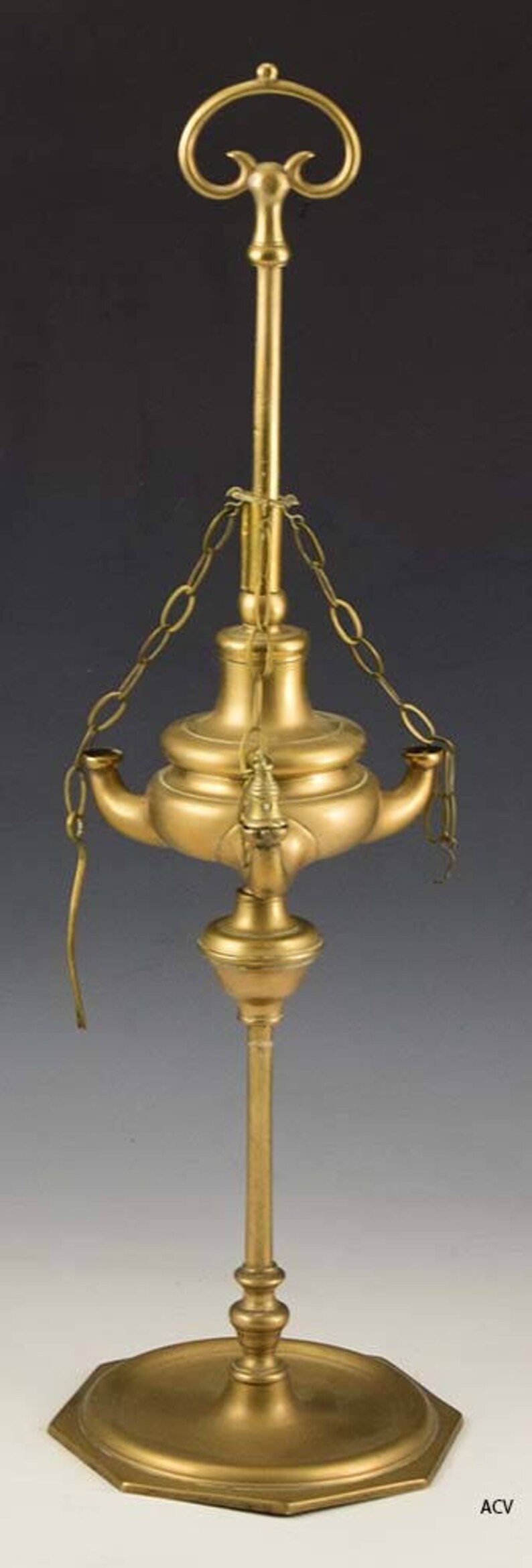 Antique Middle Eastern Brass 3 Spout Whale Oil Lamp Lucerne Image 0