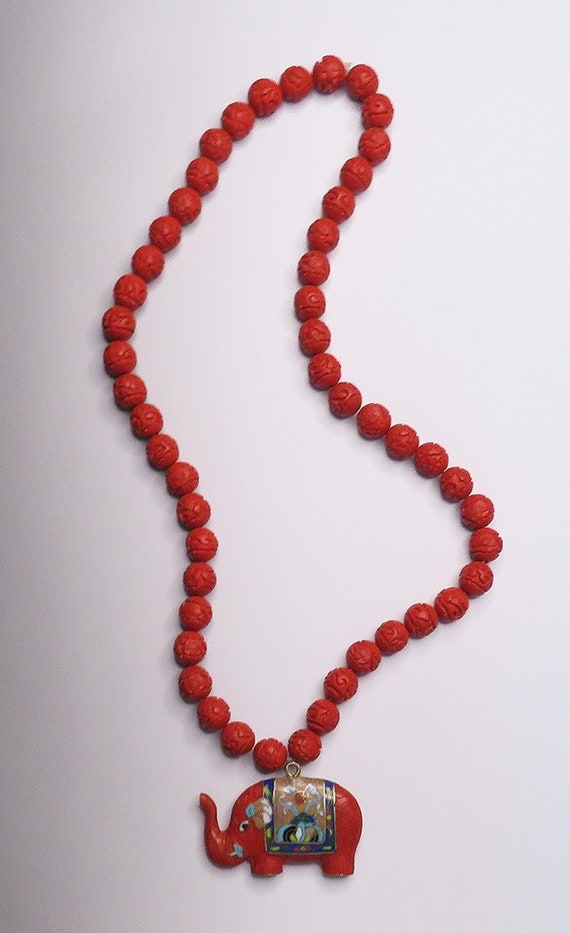 Beautiful Carved 17" Cinnabar Necklace with Elepha