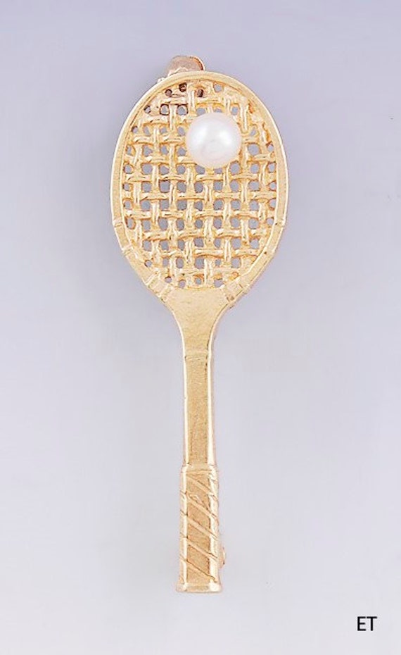 Cute 14k Gold Pearl Tennis Racket Pin / Brooch