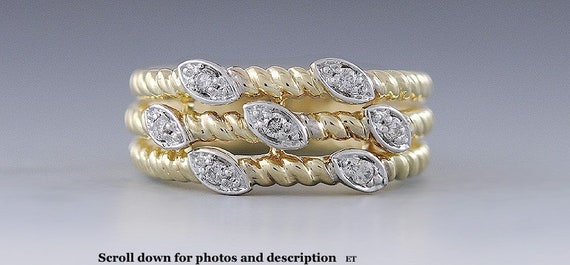 Stunning 14K Yellow Gold Band Rope Twist Diamond … - image 1