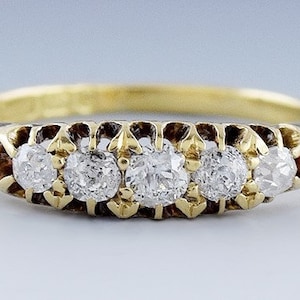 1898 Gorgeous English 18k Gold & Diamond 5 Stone Anniversary Band Ring