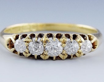 1898 Gorgeous English 18k Gold & Diamond 5 Stone Anniversary Band Ring