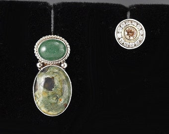 2 Pairs Sterling Silver Genuine Green Stone and CZ Earrings Pierced