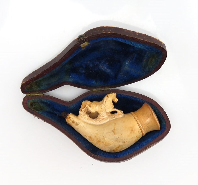 Antique 19th Century Hand Carved Dog /& Horse Meerschaum Pipe w Original Case