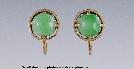 Nice Pair 1940s Asian 18k Gold & Jade Cabochon Ea… - image 1