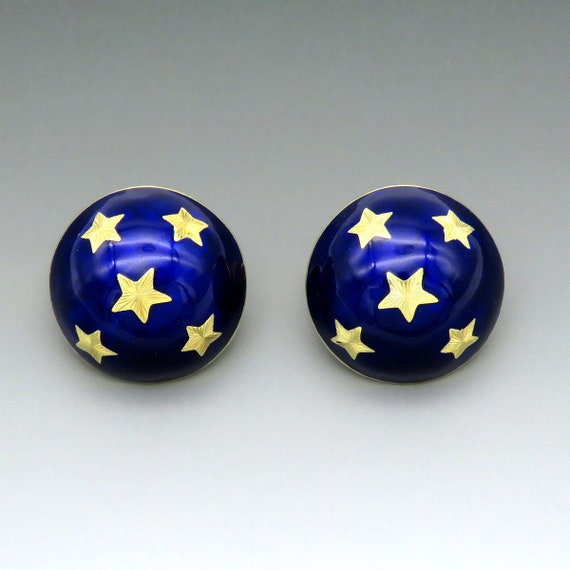 Gorgeous Pair VTG 18k Yellow Gold Blue Enamel Sta… - image 1