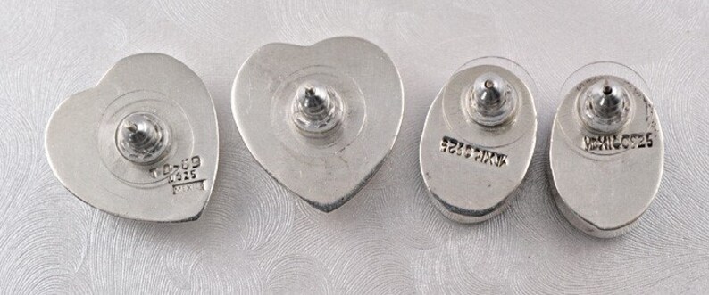 2 Pairs Mexican Sterling Silver Genuine Stone Earrings Heart Oval Studs image 2