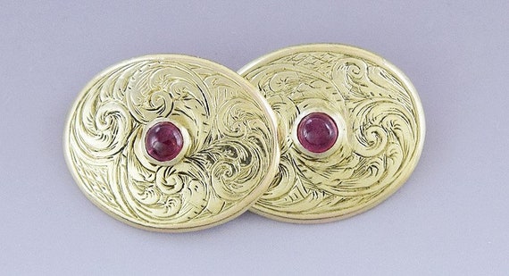 Regal Pair Victorian 18k Gold & Ruby Hand Engrave… - image 2
