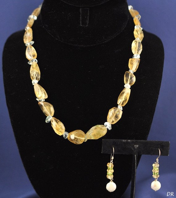 Sterling Aqua Rock Crystal Necklace and Citrine E… - image 1
