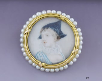 Striking Victorian 18k Gold Seed Pearl Handpainted Miniature Portrait Pin Brooch