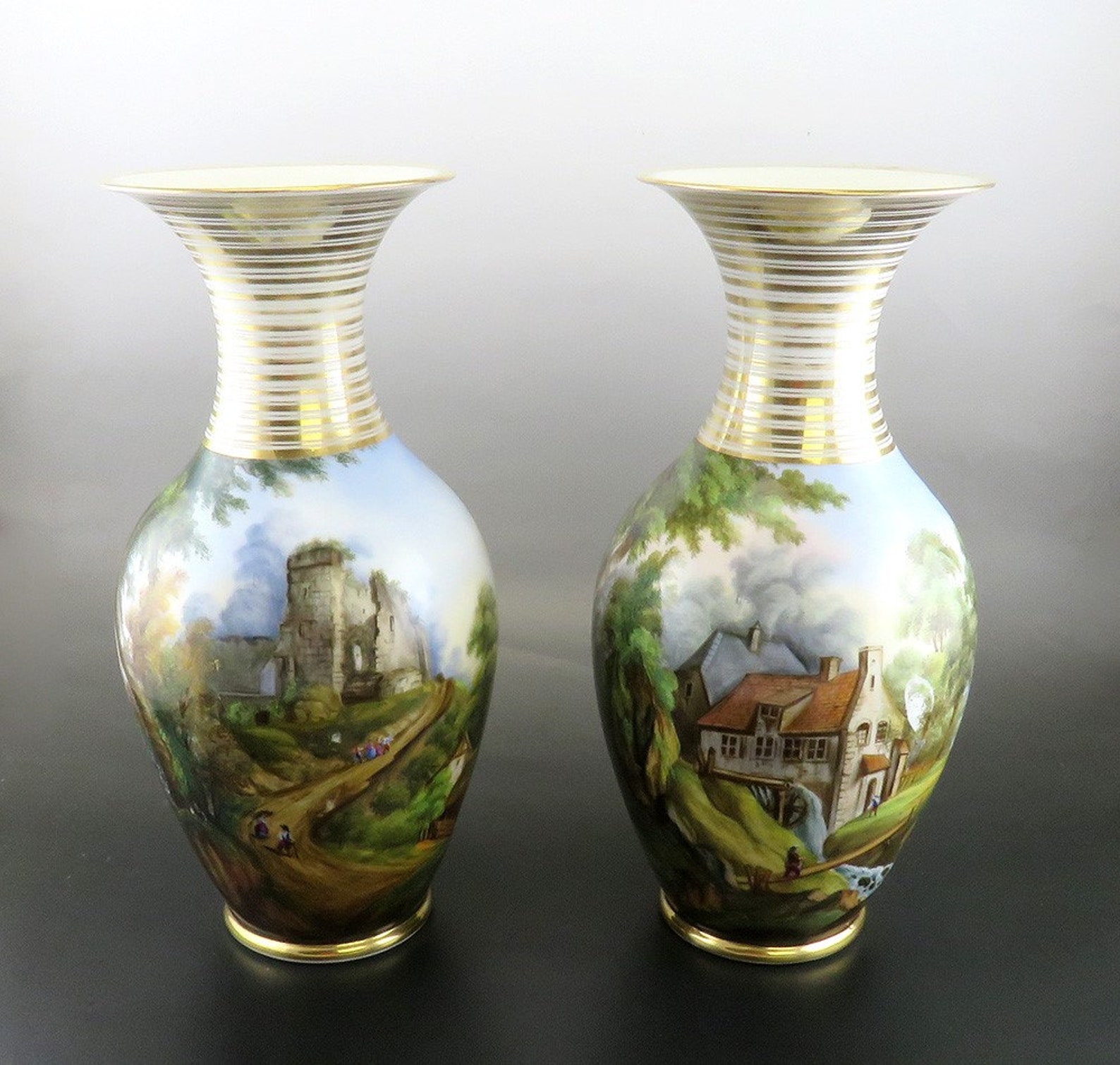 Antique Pair Hand Painted Porcelain Landscape Scene Large Flower Vases ...