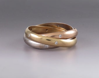 Cartier 18K White Yellow Rose Gold 18 Diamonds Trinity Rolling Band Ring w Box