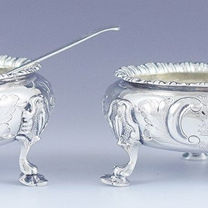 1857 Lovely English Victorian Sterling Silver Floral Chased Open Salt Cellars
