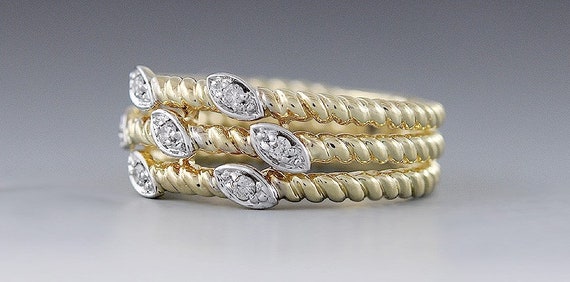 Stunning 14K Yellow Gold Band Rope Twist Diamond … - image 2