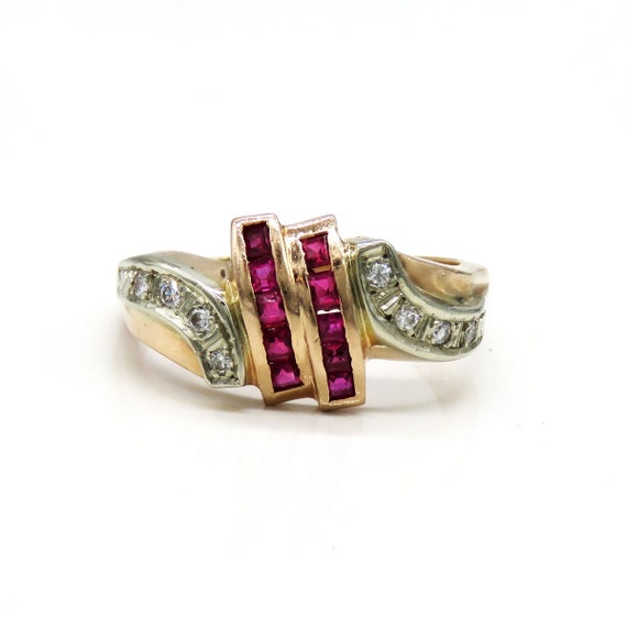 Retro Yellow Gold Channel Set Lab Created Ruby Di… - image 1