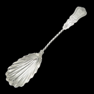 Mid 1800s Antique Coin Silver Serving Spoon Twisted Handle Shell Bowl 9 in