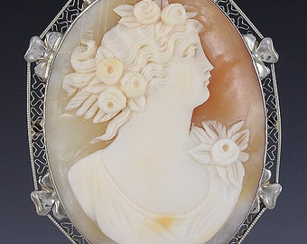 c1915 Beautiful Carved Natural Shell Cameo 14k Filigree Mounting Pin Or Pendant