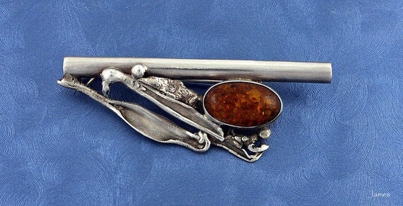 Modern Sterling Silver Polish Genuine Amber Pin/Brooch