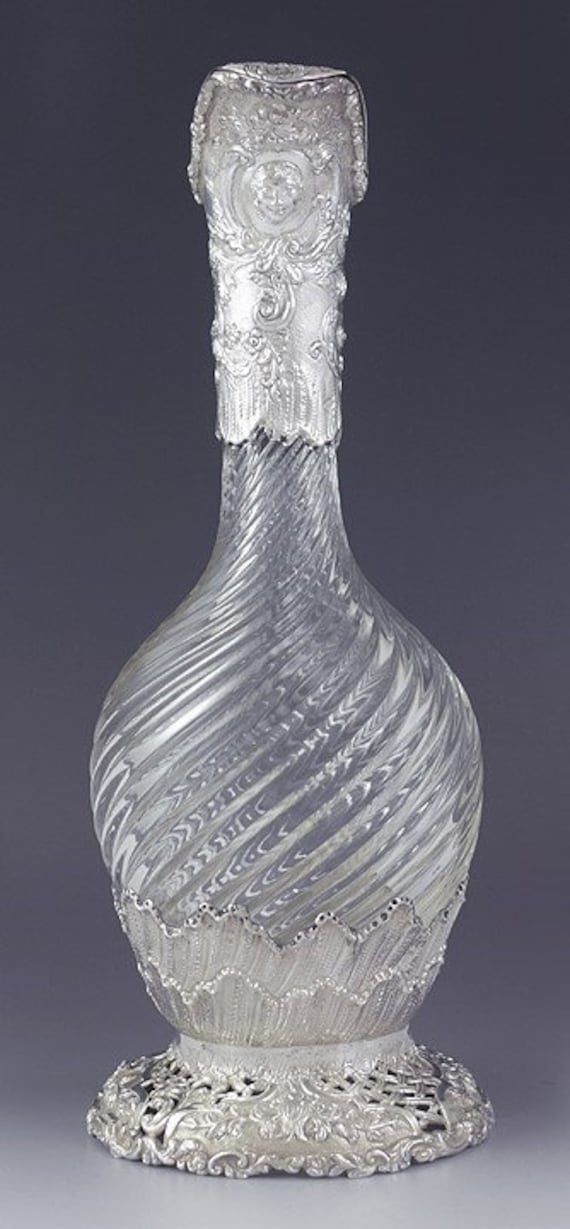 Antique 1892 Ornate Rococo Dutch Silver Cut Glass Crystal Ewer