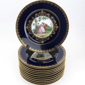 12 vintage Hutschenreuther porseleinen porseleinen Victoriaanse kobaltgouden dinerborden