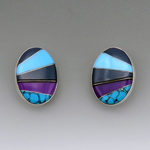 Pair VTG Fred Maloney Sterling Silver Multi Stone… - image 1