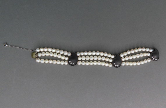 Triple Strand Pearl Bracelet w Diamond Set Black … - image 1