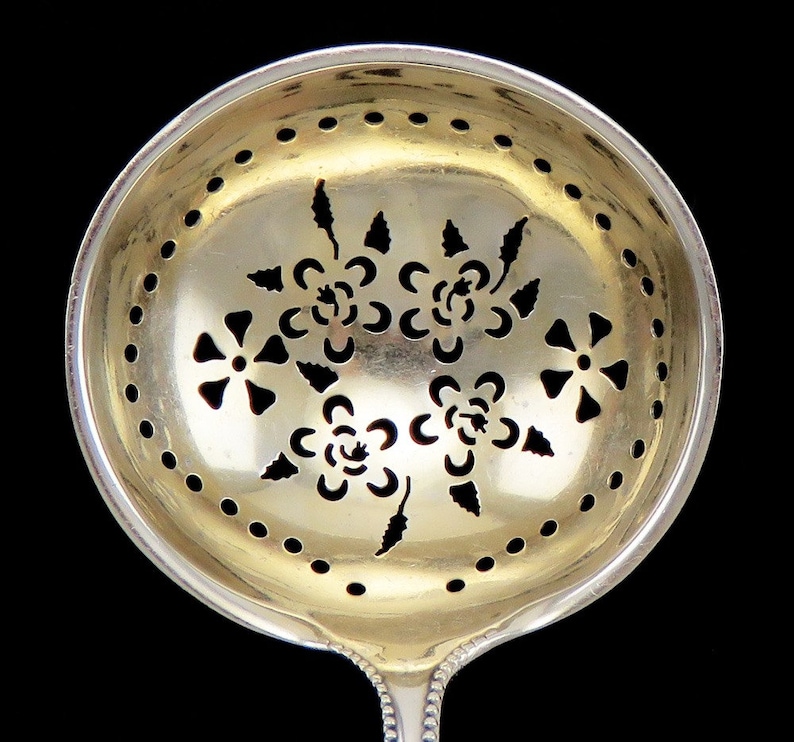 Pretty Antique Gorham Lancaster Rose Gilded Sterling Silver Berry Strainer Ladle