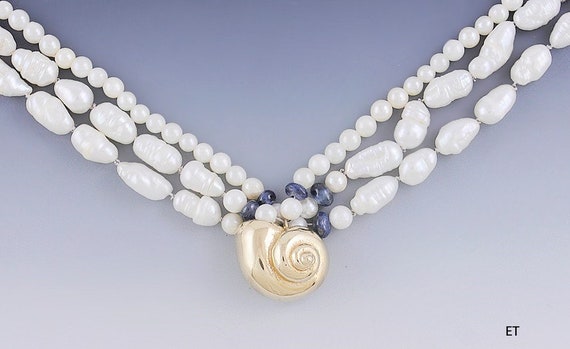 Lovely Pearl Sapphire & 14K Gold Multi Strand Sea… - image 1