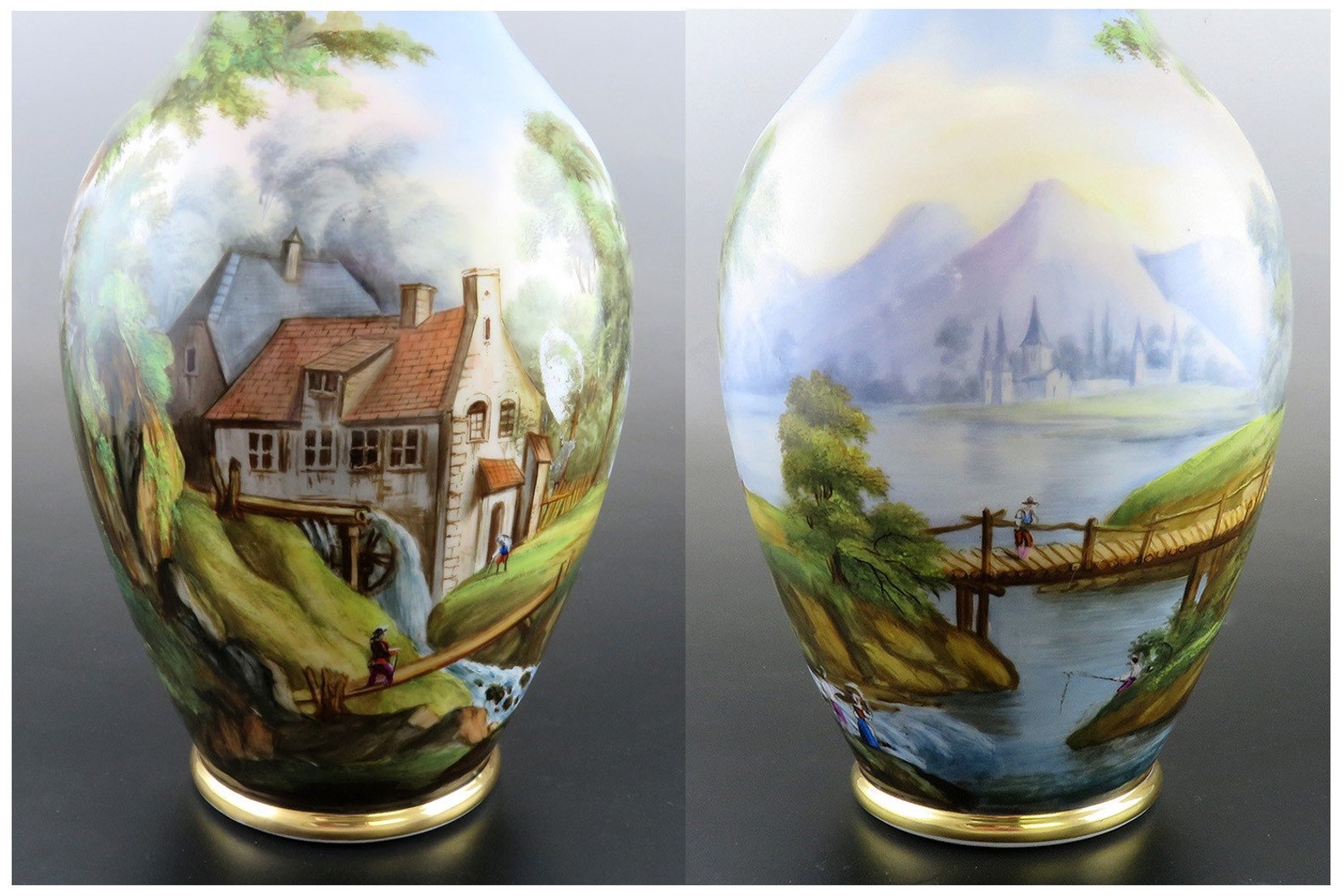 Antique Pair Hand Painted Porcelain Landscape Scene Large Flower Vases ...