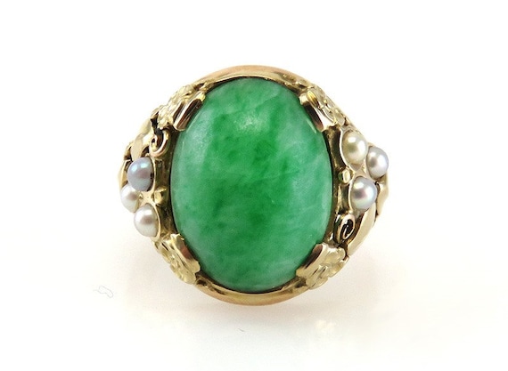 OVAL PEARL RING W/NATURAL STONE YELLOW JADE OVAL PEARL RING W/NATURAL STONE YELLOW JADE