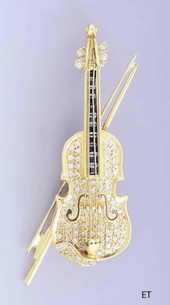 Stunning 18k Gold Diamond & Sapphire Violin Pin Br