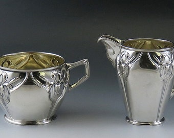 Antique c1890 Art Nouveau German Silver Iris Tea Set Sugar Bowl & Creamer