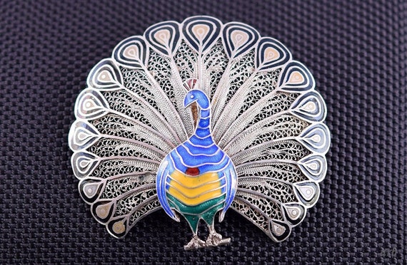 Beautiful Portuguese 833 Purity Silver Enamel Filigree Peacock