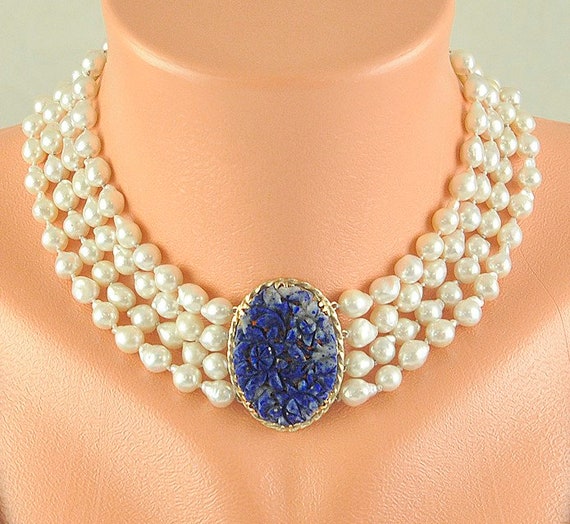 Beautiful Baroque Pearl 14K Gold & Lapis Lazuli 4… - image 2