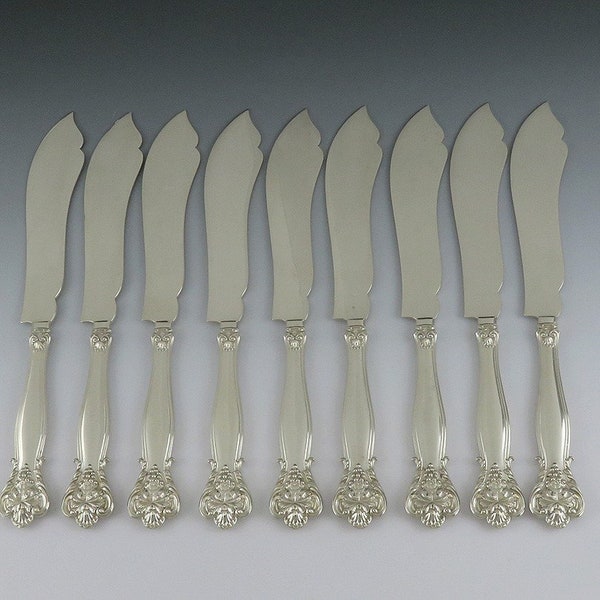 9 Heavy Large Sterling Silver Durgin New Vintage Fish Knives 8 1/4" NO MONO