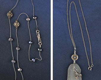 2 Halsband i Sterlingsilver med Hummer och Havsglasrep i Grå Pärla