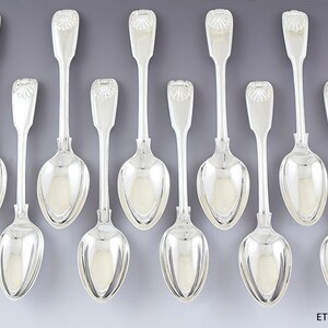 10 English Georgian Sterling Silver Fiddle Thread Shell 7 1/4" Spoons