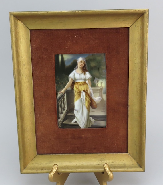 1800年代ドイツ製磁器絵画、リュートを弾く女性、木製フレーム - Etsy 日本