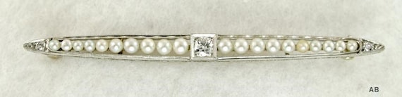 Edwardian Platinum Filigree Diamond Pearl Bar Pin… - image 1