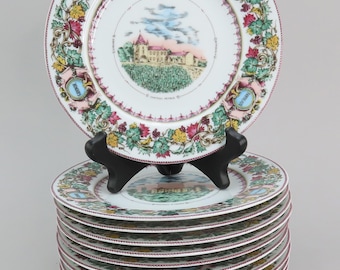 Juego de 14 platos Deshoulieres Limoges, castillo francés, Burdeos, viñedo Vieillard