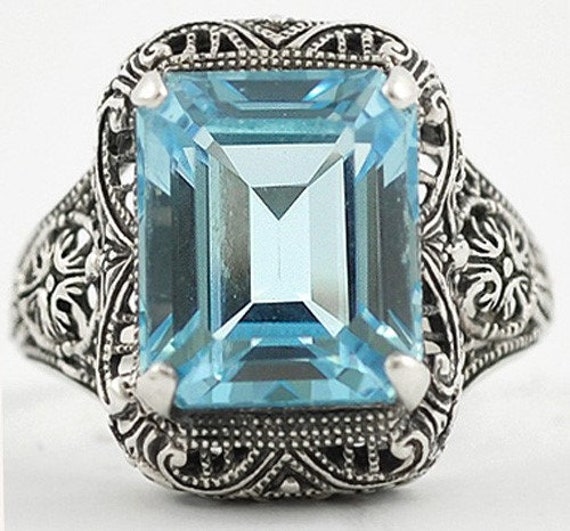 from the 1970/'s blue topaz Beautifully detailed Filigree sterling silver ring prong set blue gemstone Size 6 12